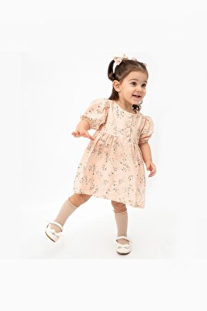 Kız Çocuk Çiçek Nakışlı Önden Düğmeli Balon Kollu Midi Etek Elbise