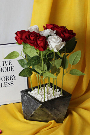 Kırmızı & Beyaz Güller 9 Adet Yapay Taş Gümüş Gölgeli Saksı