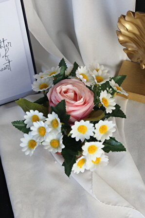 Çİçek Taş Rose Gölgeli Saksı Pembe Gül 1 Adet & Papatyalar 20 Başlıklı Yapaylar