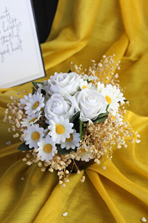 Beyaz Güller 3 Adet 25 Adet Papatya Başlıklı Yapay Çiçek Taş Rose Gölgeli Saksı