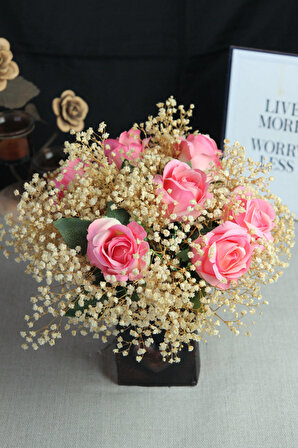 Çiçek Taş Kalpli Rose Gölgeli Saksı Pembe Güller 7 Adet Yapay Çipsolarla Sarılı