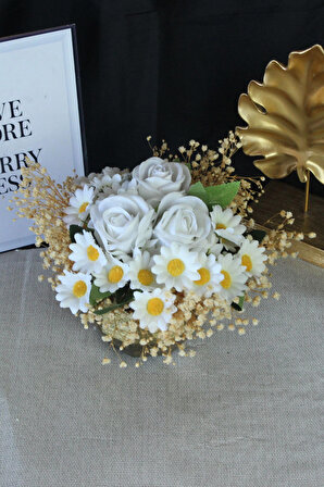 Beyaz Güller 3 Adet 25 Adet Papatya Başlıklı Yapay Çiçek Taş Gold Gölgeli Saksı