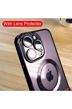 iPhone 11 Logo Detaylı Lens Korumalı Renkli Çerçeve Detaylı Şeffaf Silikon Kılıf Mor