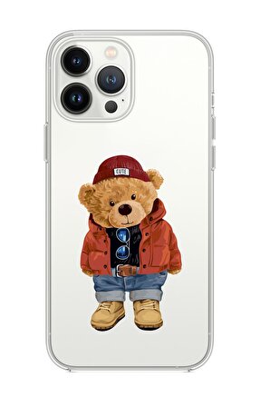 iPhone 13 Pro Max Uyumlu Teddy Bear Desenli Kamera Lens Korumalı Premium Silikonlu Şeffaf Kılıf