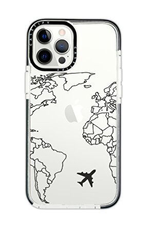 iPhone 12 Pro Max Casetify World Map Lines Desenli Anti Shock Premium Silikonlu Siyah Kenar Detaylı Telefon Kılıfı