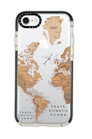 iPhone 8 Casetify Dünya Harita Desenli Anti Shock Premium Silikonlu Siyah Kenar Detaylı Telefon Kılıfı