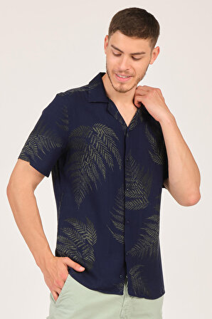 Mascarano Dökümlü Palm Desenli Erkek Kısa Kol Gömlek Lacivert