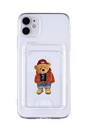 iPhone 11 Uyumlu Teddy Bear Desenli Şeffaf Kamera Korumalı ve Kartlıklı Telefon Kılıfı