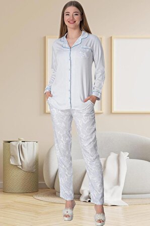 Mecit 5143 Bayan Mavi Boydan Düğmeli Uzun Kollu Pijama Takımı
