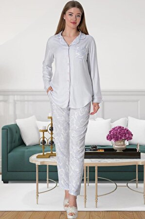 Mecit 5143 Bayan Pembe Boydan Düğmeli Uzun Kollu Pijama Takımı