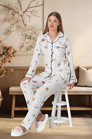 Mecit 5252 Bayan Ekru Boydan Düğmeli Pijama Takımı