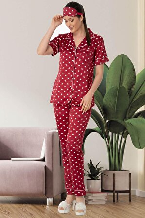 Mecit 5476 Kalp Desenli Kırmızı Saten Pijama Takımı