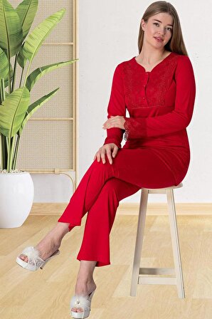 Mecit 5815 Bayan Kırmızı Dantelli Uzun Kollu Pijama Takımı