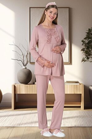 Mecit 5911 Pudra Bayan Hamile Lohusa Peluş Sabahlık Pijama Takımı