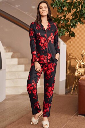 Mecit 5922 Bayan Çiçek Desenli Boydan Düğmeli Pijama Takımı