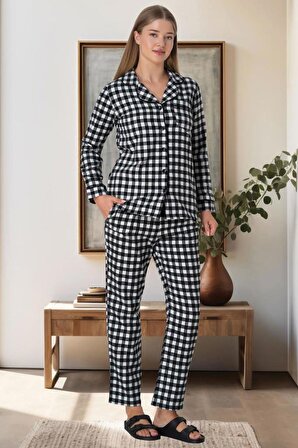 Mecit 5928 Bayan Ekose Desenli Beyaz Boydan Düğmeli Pijama Takımı