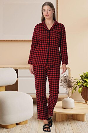 Mecit 5928 Bayan Ekose Desen Kırmızı Boydan Düğmeli Pijama Takımı