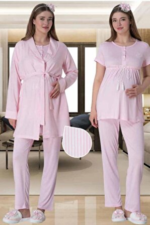 Mecit 6001 Bayan Pembe Çizgi Sabahlık Hamile Lohusa Pijama Takımı