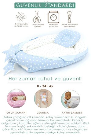 Babynest Ortopedik Bebek Yatağı, Anne Yanı Bebek Yatağı, Ergonomik Tasarım, Stars Serisi, Mavi