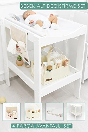 Bebek; 4'lü Avantajlı Set, Bebek Alt Değiştirme Masası, Pedi, Bağlamalı /sepet Organizer, Beyaz