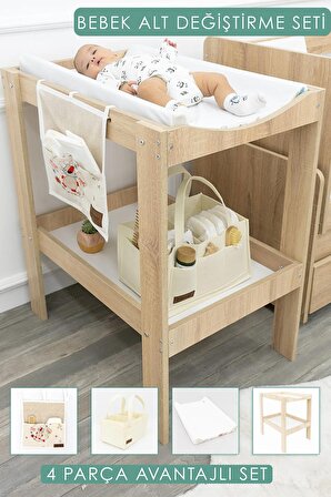 Bebek; 4'lü Avantajlı Set, Bebek Alt Değiştirme Masası,pedi,bağlamalı/sepet Organizer, Daisy, Kahve