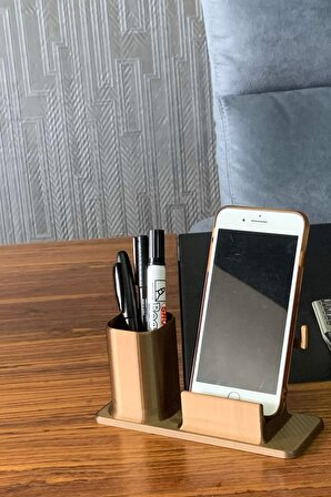 Masaüstü Kalemlik ve Telefon Standı - Altın Kahve