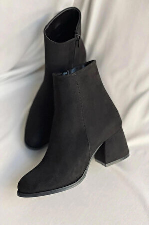 Mida Shoes Siyah Süet Yarım Kadın Fermuarlı Topuklu Bot