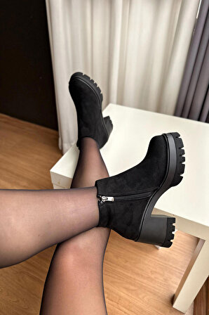 Mida Shoes Poti Siyah Süet Fermuarlı Kadın Bot