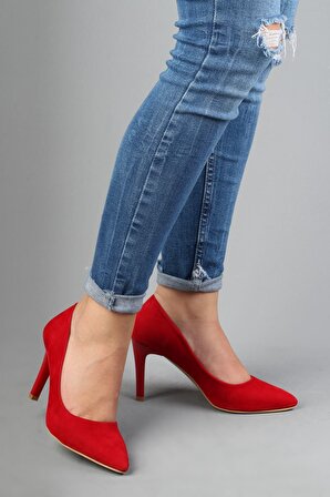 Modabuymus Kadın Kırmızı Süet Stiletto Topuklu Ayakkabı - Anger