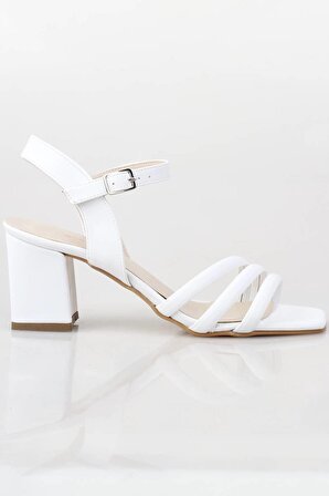 Modabuymus Beyaz Renk Asimetrik Bantlı Topuklu Sandalet - Melodi