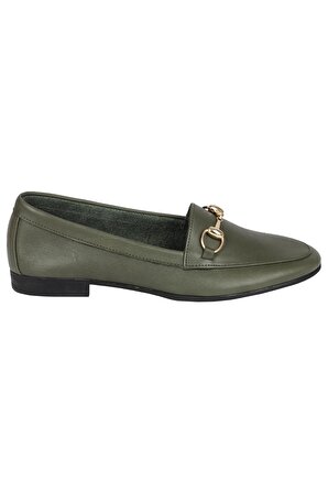Modabuymus Hakiki Deri Tokalı Ayakkabı Yeşil Günlük Babet  - Bader