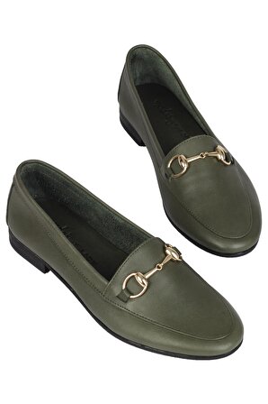 Modabuymus Hakiki Deri Tokalı Ayakkabı Yeşil Günlük Babet  - Bader