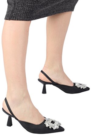Modabuymus Siyah Taşlı Arkası Açık Stiletto Kısa Topuklu Ayakkabı - Elizabeth