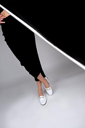 Modabuymus Beyaz Hakiki Deri Tokalı Ayakkabı Günlük Babet  - Bader