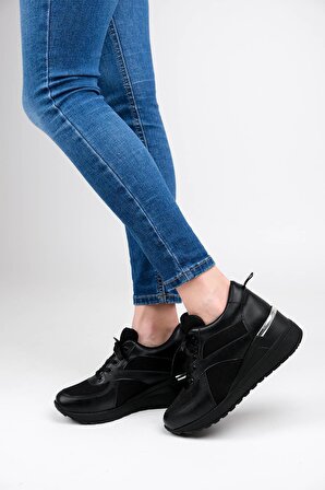Modabuymus Siyah Fileli Dolgu Topuklu Sneaker Bağcıklı Spor Ayakkabı - Pily