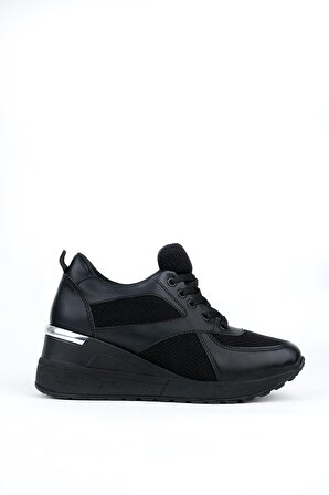 Modabuymus Siyah Fileli Dolgu Topuklu Sneaker Bağcıklı Spor Ayakkabı - Pily