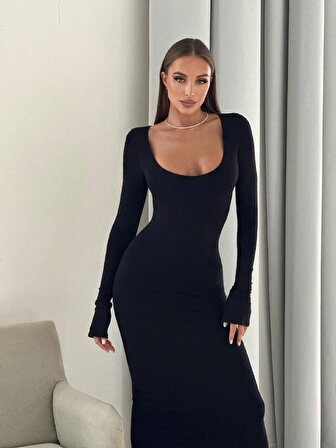 Scuba Kumaş Elbise Siyah - Scuba Fabric Dress Black