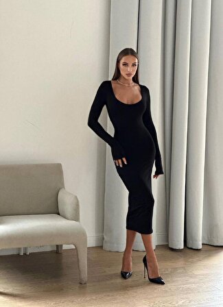 Scuba Kumaş Elbise Siyah - Scuba Fabric Dress Black