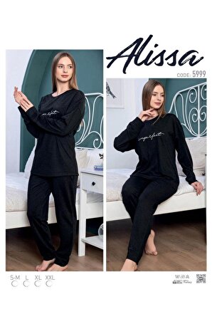 Siyah Pamuklu Likralı Uzun kollu Pijama Takımı 5999