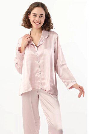 Kadın Pudra Saten Çeyiz Seti 6 Parça Beyaz Biyeli Sabahlık Gecelik Pijama Şortlu Takım 8630
