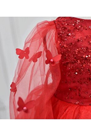 Kız Çocuk Kırmızı Parıltılı Uzun Kol Şeffaf Kelebek Detaylı Kabarık Tütülü Elbise