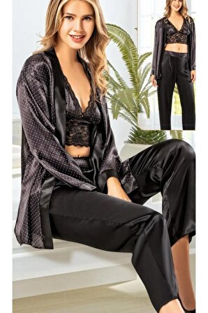 Kadınn Siyah Saten Pijama Takımı 3019 3lü