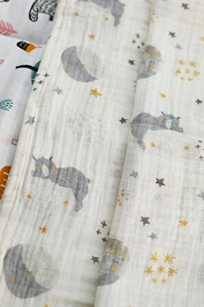 Organik Çok Amaçlı 80*80 Cm Müslin Çocuk Ve Bebek Örtüsü, Ekru Ayıcık Uykusu Desenli Battaniye