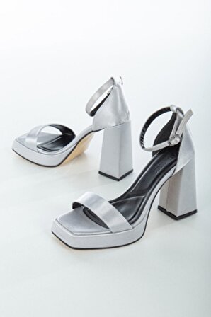 Kadın Saten Gümüş Platform Topuklu Ayakkabı