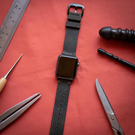 minimal X Apple Watch Uyumlu Kordon 42/44/45 mm - Gerçek Deri ve El Yapımı - Haki 