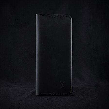 minimal X Long Telefon Cüzdanı - Gerçek Deri ve El Yapımı - Minimalist Tasarım - Siyah