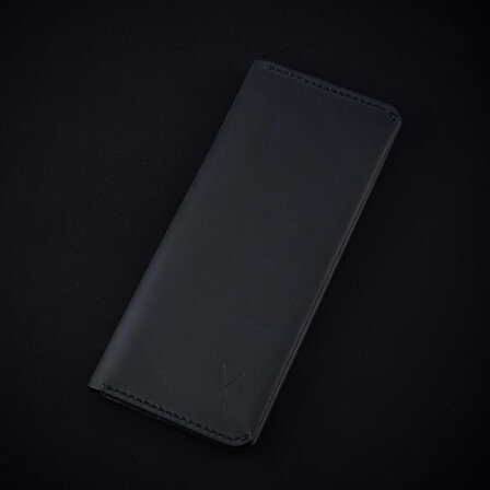 minimal X Long Telefon Cüzdanı - Gerçek Deri ve El Yapımı - Minimalist Tasarım - Siyah
