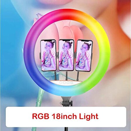 Rgb Ring Light 3 x Telefon Standlı Çantalı Kumandalı 18 Inç Youtuber LED Halka Işık 2 Metre Tripod