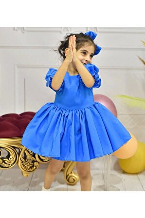 Kız Çocuk Mavi Kloş Kısa Kol Kabarık Elbise