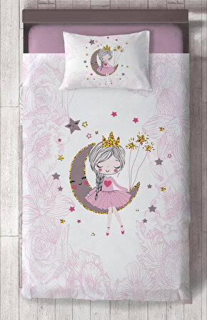 MEKTA HOME BEBEK VE ÇOCUK ODASI Ay Üzerinde Oturan Kız Desenli Motifli Yatak Örtüsü